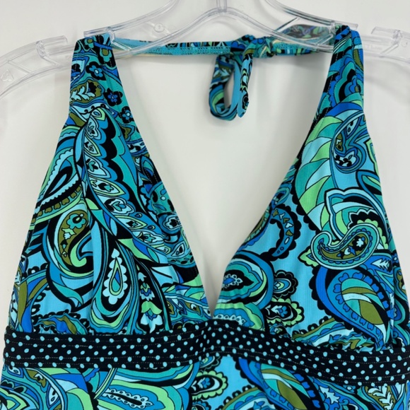 CoCo Reef Womens 36DD Tankini Swim Top Turquoise Navy Blue Paisley Polka Dot - Picture 2 of 8
